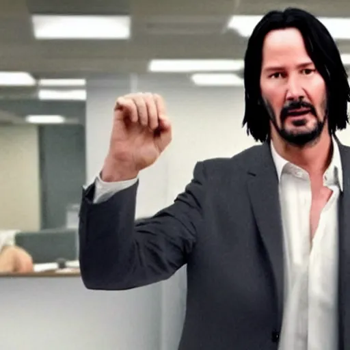 Image similar to Keanu Reeves in the office 4K quality super realistic