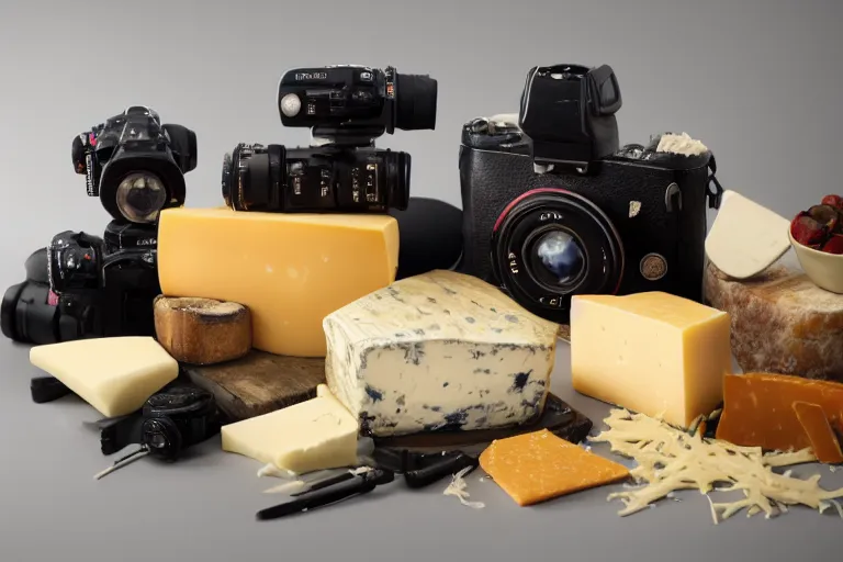 Prompt: a camera made of various types of cheese, Photo, photorealistic, details, studio lights