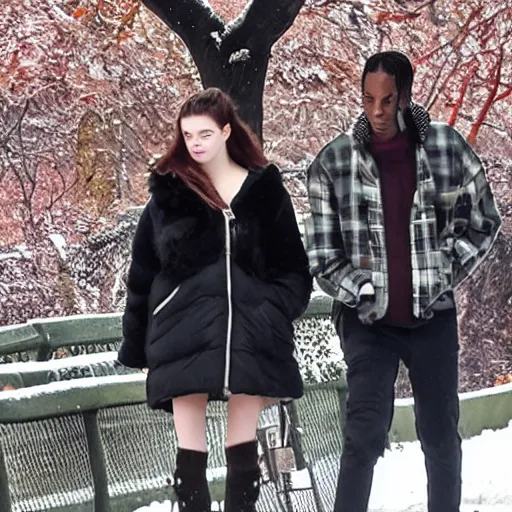 Image similar to travis scott dating anya taylor joy in central park at winter, photorealistic, dynamic light, ultra detailed, paparazzi photo