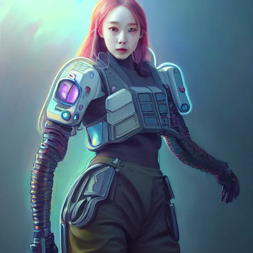 Image similar to portrait painting of cyberpunk chuu from loona as a cheerful smiling mercenary, ultra realistic, concept art, intricate details, eerie, highly detailed, photorealistic, octane render, 8 k, unreal engine. art by artgerm and greg rutkowski and magali villeneuve and alphonse mucha