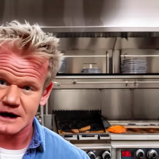 Image similar to Gordon Ramsey cooking a unicorn in a intricate wafflehouse kitchen 4k