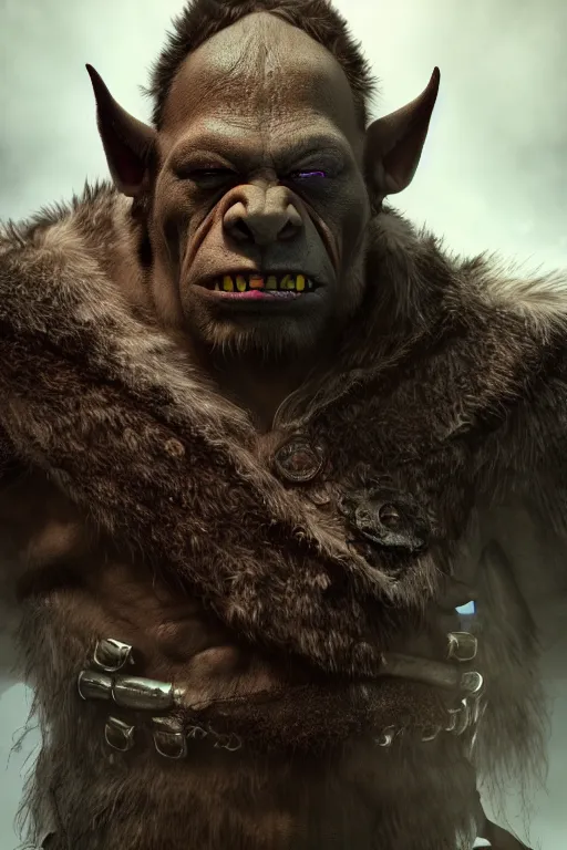 Prompt: Orc looking into the camera, leather fur jacket, full body shot, detailed face, orc, portrait, artstation, realistic, highly detailed, symmetrical, D&D, Dungeons & Dragons, hyper realistic, dynamic pose, high detail, octane render, unreal engine, 8k, fantasy art, highly detailed, dramatic lighting, concept art
