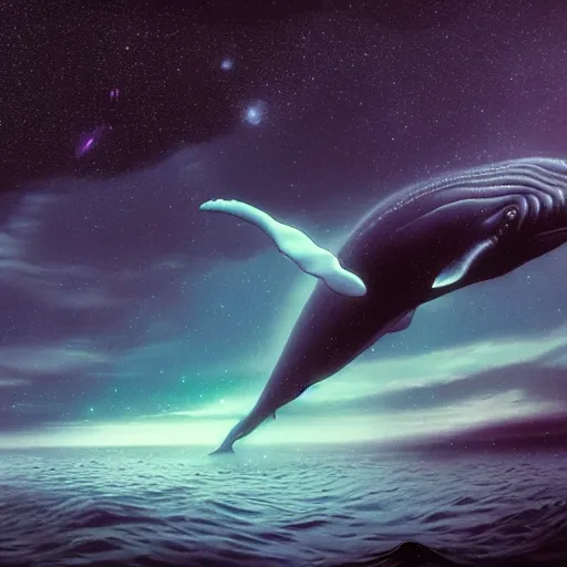 Image similar to portrait of whale swimming on a dark night sky, swimming across the universe, galaxies, oniric, dreamy, beautiful, highly detailed, realistic, cinematic, dynamic composition, trending on artstation