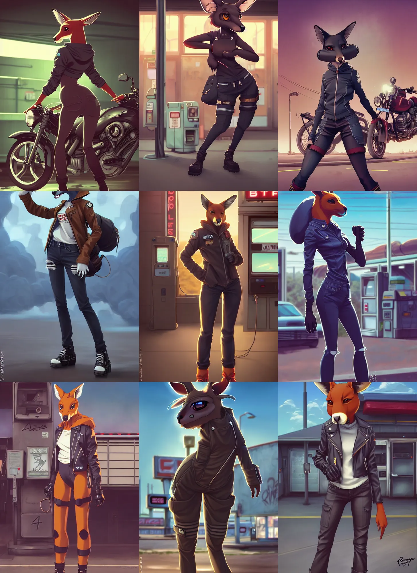 Prompt: wide angle beautiful full body portrait of a strong female anthropomorphic anthro kangaroo fursona wearing biker clothes at an old gas station. character design by disney, anime, manga, charlie bowater, ross tran, artgerm, and makoto shinkai, detailed, soft lighting, rendered in octane