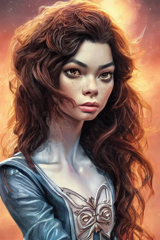 Image similar to fantasy comic book style portrait of a gorgeous teen model with ringlets who looks like miranda cosgrove, hyper realistic, illustration, trending on artstation, HD, 4k, 8k, intricate detailed anatomy, character design, by james gurney and tom bagshaw