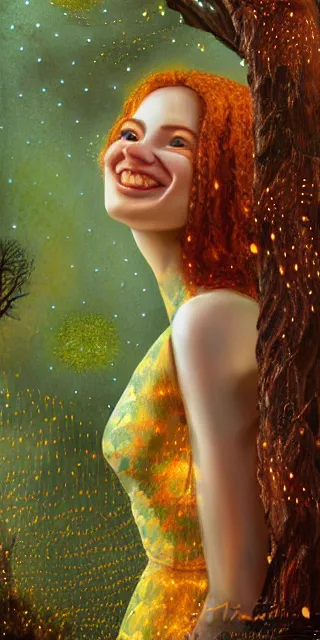 Image similar to a totally amazed smiling fit woman surrounded by golden firefly lights in a mesmerizing scene, sitting amidst nature fully covered! intricate detailed dress, long loose red hair, precise linework, accurate green eyes, small nose with freckles, beautiful smooth oval head, expressive emotions, hyper realistic ultrafine portrait by artemisia gentileschi, jessica rossier, boris vallejo