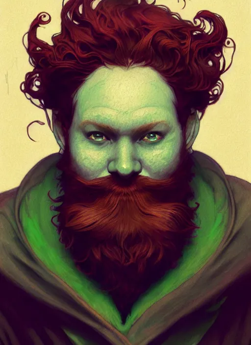 Prompt: close up portrait of coy leprechaun, dark red beard, floating magical charms by artgerm, cushart krenz, greg rutkowski, mucha. art nouveau. gloomhaven, swirly liquid ripples, green tones, vibrant colors, sharp edges. ultra clear detailed. 8 k. elegant, intricate, octane render