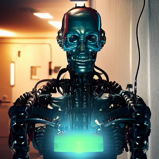 Prompt: photorealistic torso of a terminator with borg implants and a human face is hanging from cables and wires off the ceiling of an futuristic abandoned computer room and plugged into a quantum computer that's visible in the background. bottom half of the terminator's body is missing with cables sticking out. The Terminator is taking a sip from a cup of coffee. Tiny green led lights in the terminator's cybernetics. very detailed 8k. Cyberpunk horror style.