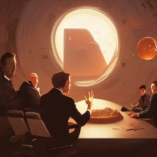 Image similar to illustration of a meeting between elon musk, mark zuckerberg, jeff bezos, very detailled, by artgem, greg rutkowski