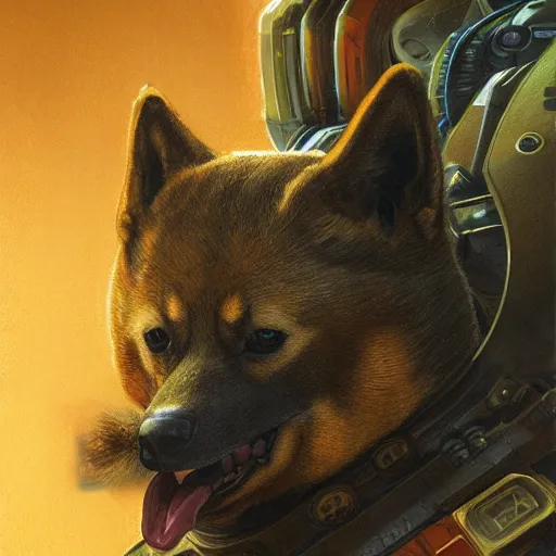 Image similar to lotus pose, anthropomorphic shiba inu, realistic scifi cyberpunk, wearing the expanse season 2 - goliath powered armor, portrait art by donato giancola and greg rutkowski, realistic face, digital art, trending on artstation, symmetry