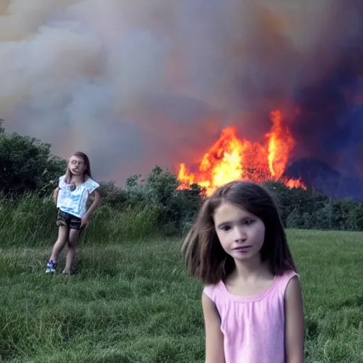 Prompt: a very young girl in the foreground with short straight hair gives a sideways glance and a smirk at the camera. in the background, slightly out of focus, we see a huge fire. high resolution photograph