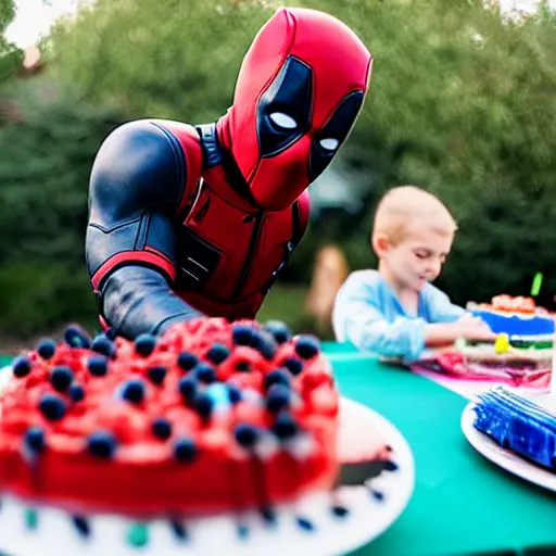 Prompt: deadpool at a children's birthday party, photography,