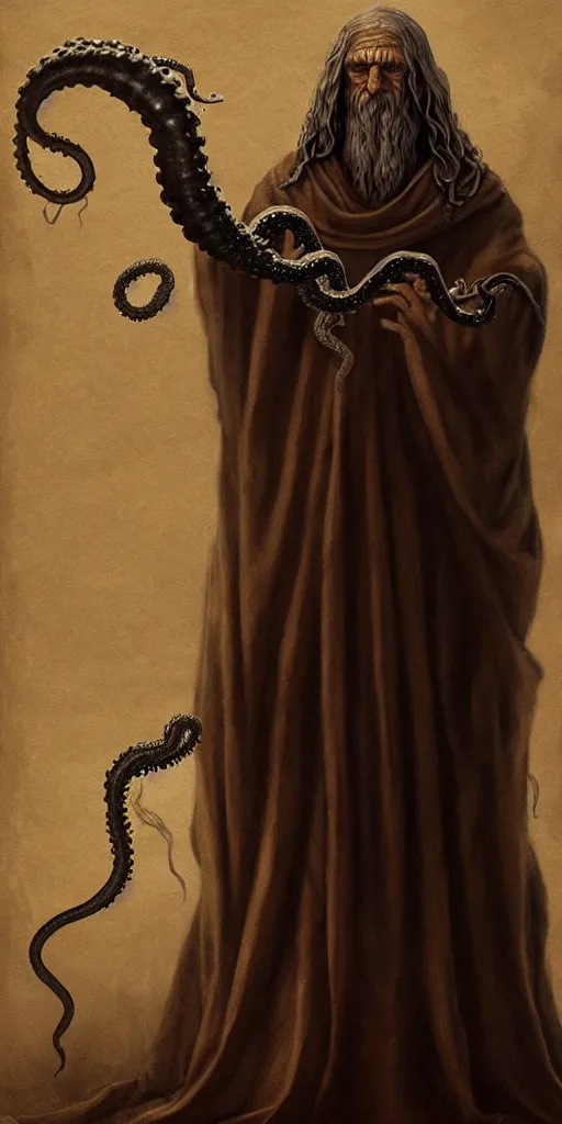 Prompt: a wizard that is slowly transforming into a tentacle monster, matte oil painting, by leonardo da vinci, concept art, d & d, robes, fantasy, fog, sharp focus, eldritch, award - winning, extremely detailed, 4 k, 8 k