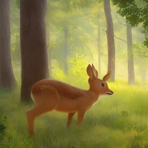 Image similar to concept art painting of an anthropomorphic chubby doe wearing yellow dress, in the deep forest, realistic, detailed, cel shaded, in the style of makoto shinkai and greg rutkowski and james gurney