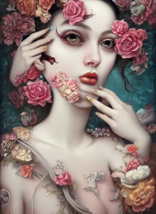 Image similar to pop surrealism, lowbrow art, realistic seductive cute woman painting, body harness, japanese shibari with flowers, hyper realism, muted colours, rococo, natalie shau, loreta lux, tom bagshaw, mark ryden, trevor brown style,