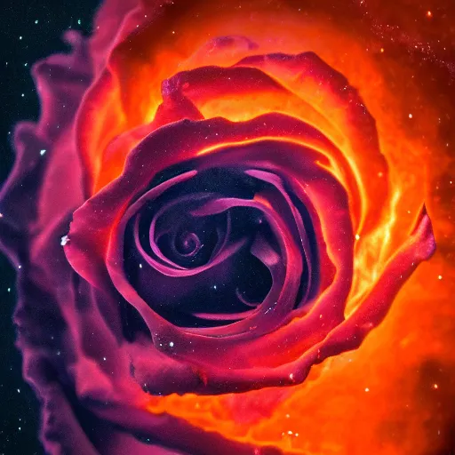 Prompt: award - winning macro of a beautiful rose made of molten magma, colored smoke and nebulae on empty, black background, highly detailed, trending on deviantart and artstation, nasa space photography, national geographic