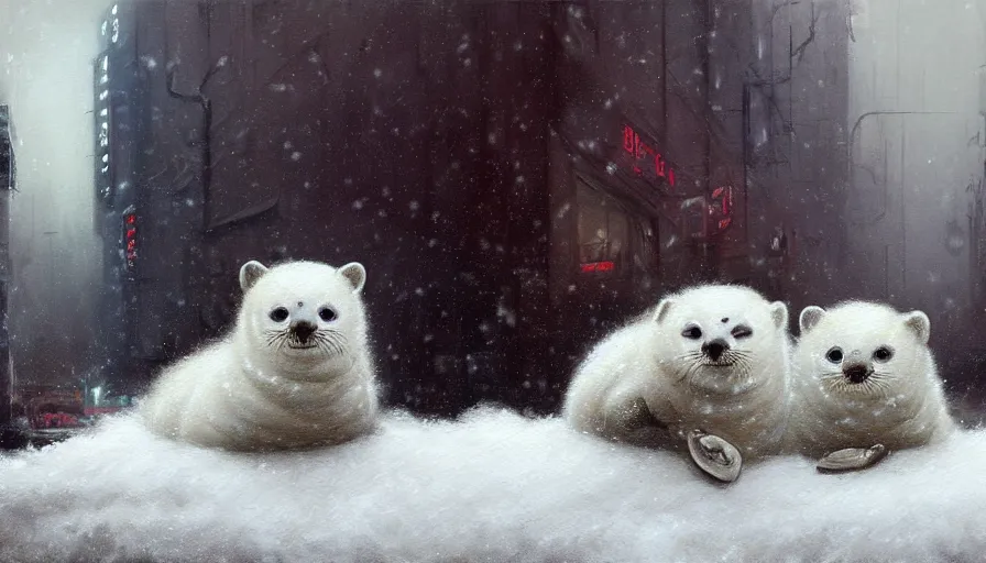 Image similar to highly detailed painting of cute furry white baby seals cuddled up in a cardboard box in a snowy dystopian cyberpunk street by william turner, by greg rutkowski, by marco mazzoni, by maxfield parrish, thick brush strokes and visible paint layers, 4 k resolution, retrowave colour scheme