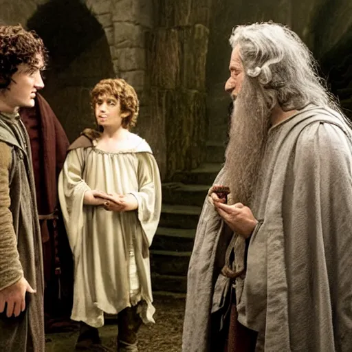 Image similar to frodo baggins meeting dumbledor, cinematic