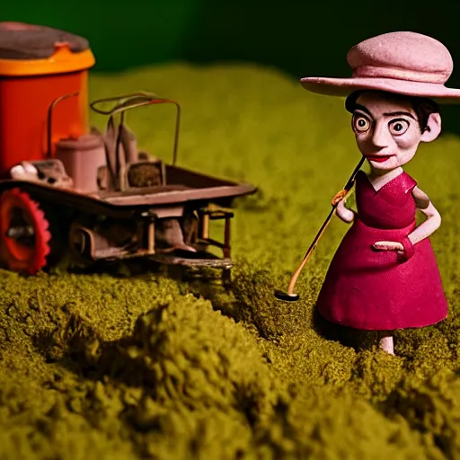 Prompt: a cinematic film still of a claymation stop motion film starring anne hathaway as female farmer with pitchfork, shallow depth of field, 8 0 mm, f 1. 8