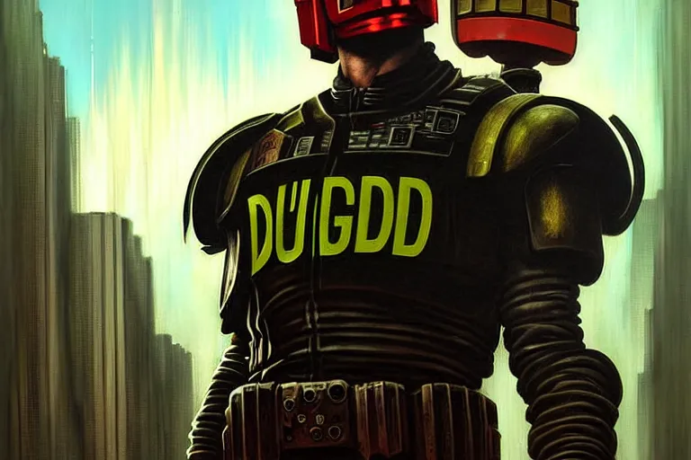 Image similar to portrait of david duchovny as judge dredd in megacity one. cyberpunk artwork, dystopian. dirty, grime. 4 k digital art, 8 0's style. tomasz alen kopera, peter mohrbacher, donato giancola, boris vallejo, drew struzan realistic detailed oil painting, urban horror, frank frazetta, brian bolland