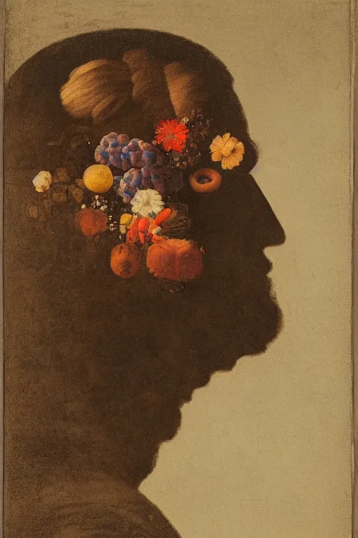 Image similar to a man's face in profile, composed of a still life with flowers and fruit, in the style of the dutch masters, dark and moody