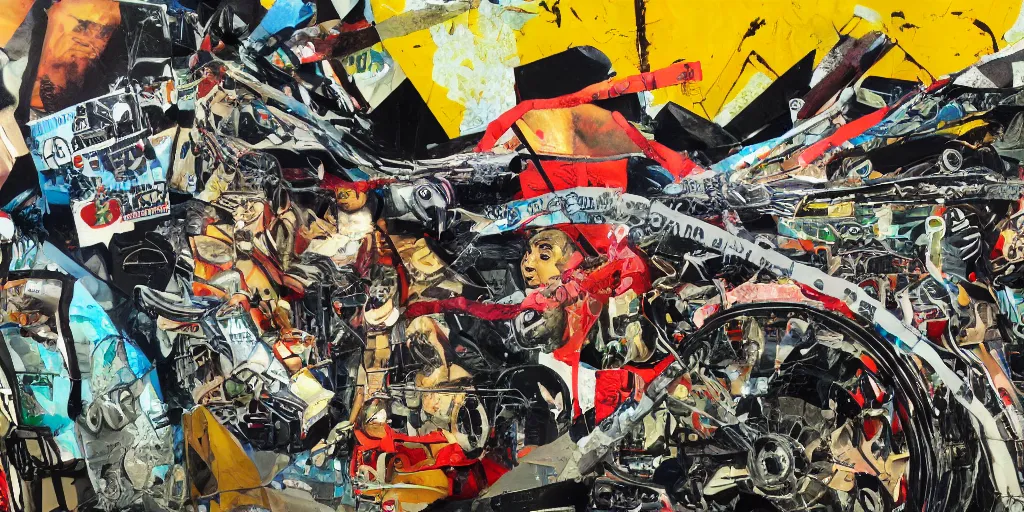 Image similar to mad dog on a chain and lowrider collage, big tape, acrylic on canvas, expressionism movement, breathtaking detailed, by blake neubert