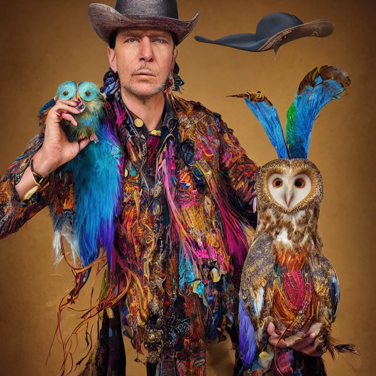 Image similar to high fashion photoshoot octane render portrait by wayne barlow and carlo crivelli and glenn fabry, a distinguished psychedelic cowboy wearing a colorful wes anderson designed cowboy costume and holding a barn owl inside a high - end exotic colorful pastel vintage boutique hotel lounge, very short depth of field, bokeh