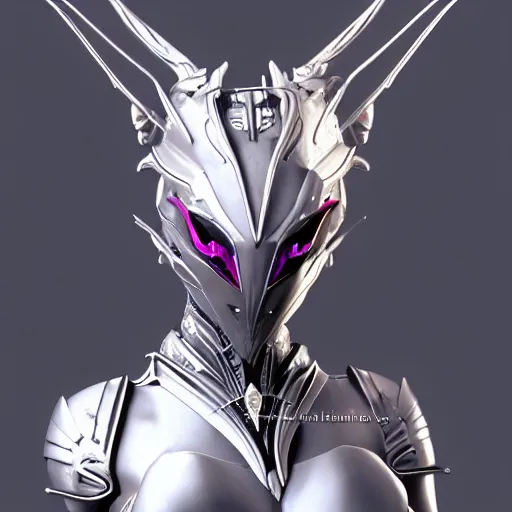 Image similar to extremely detailed bust shot of a goddess that's a giant beautiful stunning anthropomorphic robot female dragon, standing majestically over mountains, elegant pose, streamlined shiny silver metal armor, fuchsia skin below the armor, sharp metal claws, long elegant tail, detailed warframe fanart, high quality digital art, giantess art, furry art, warframe art, furaffinity, DeviantArt, 8k HD, octane render