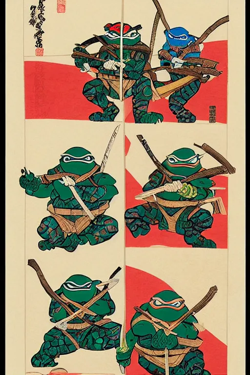 Prompt: Four Teenage Mutant Ninja Turtles, Japanese ukiyo-e ukiyo-ye woodblock print, by Moronobu