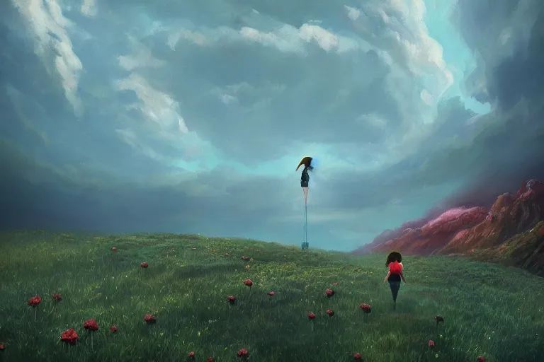 Image similar to giant dahlia flower as a head, girl walking on mountain, surreal photography, stars, dramatic light, impressionist painting, storm clouds, digital painting, artstation, simon stalenhag