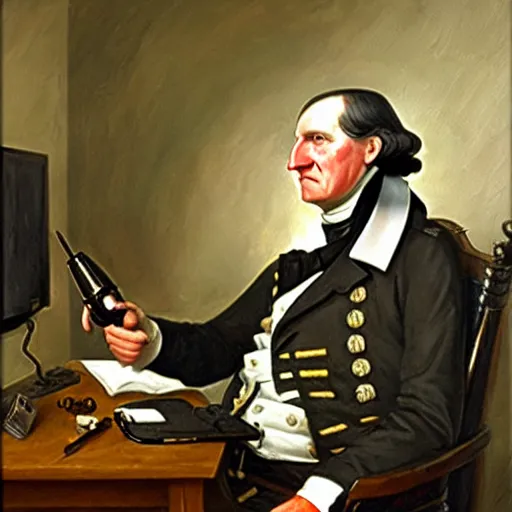 Prompt: george washinton playing call of duty and drinking mountain dew while screaming, oil painting