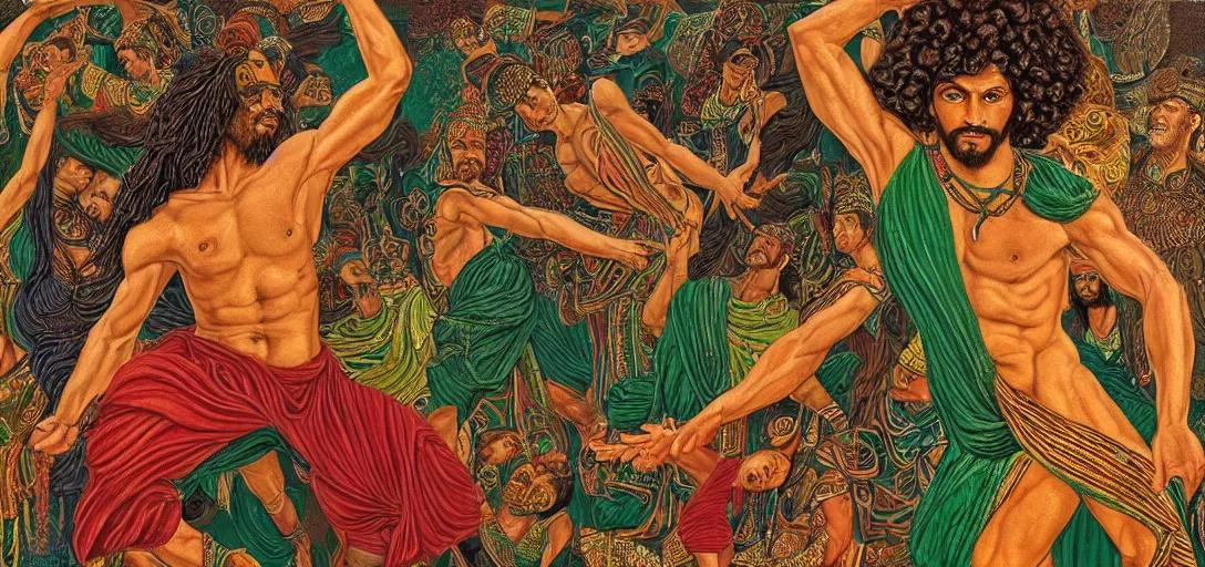 Prompt: an abstract spiritual background, a multiracial greek god dancing, green eyes. high contrast lines, great detail. 2 4 mm, photorealistic, muted color scheme, directed by mati klarwein and mat collishaw