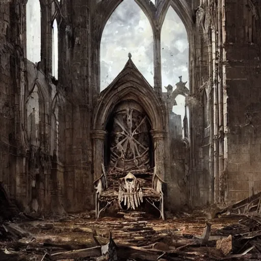 Prompt: Skeleton king wearing ragged clothes and a plate armour resting on a throne inside a ruined cathedral, oil painting, by Greg Rutkowski