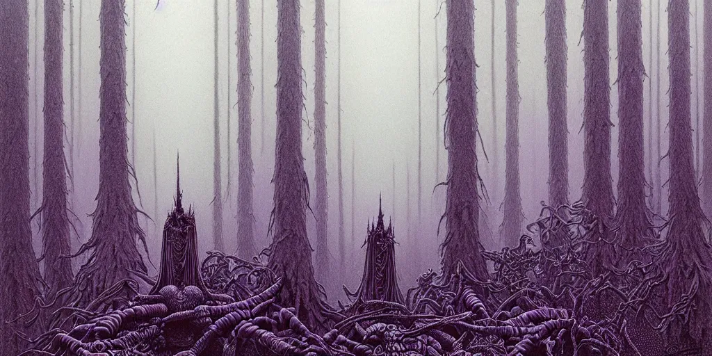 Image similar to grainy risograph matte painting of dark bejeweled huge botanical macabre paladin, atmospheric, densed foggy forest, omnious, epic composition, by moebius, hyperrealism, intricate detailed