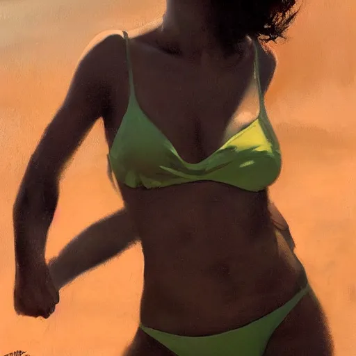 Image similar to oil painting by ilya kuvshinov,, baugh casey, artgerm craig mullins, coby whitmore, of a youthful black girl, long hair, fully clothed bikini at the beach, highly detailed, breathtaking face, studio photography, noon, intense bounced light, water reflection, large tree casting shadow, serine intense sunlight in the style of zack snyder
