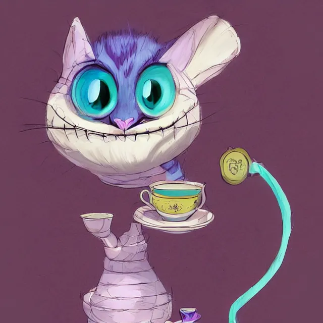 Image similar to cheshire cat drinking tea, by cory loftis, character art, art, very coherent, plain background, lighthearted, soft painting