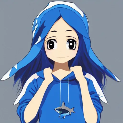 Prompt: Shark girl with a blue hoodie in anime art style