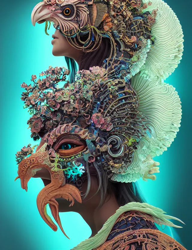 Image similar to 3 d goddess close - up profile solarpunk portrait ram skull. beautiful intricately detailed japanese crow kitsune mask and clasical japanese kimono. betta fish, jellyfish phoenix, bio luminescent, plasma, ice, water, wind, creature, artwork by tooth wu and wlop and beeple and greg rutkowski