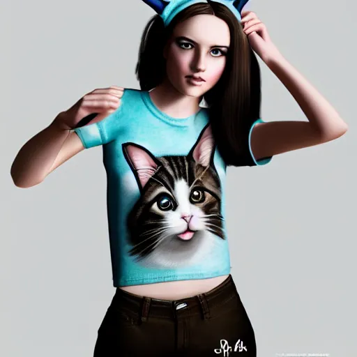 Image similar to Perfectly-Centered Portrait of a Realistic Beautiful Young Woman Wearing Fake-Cat-Ears and t-shirt and shorts, perfect female specimen, intricate, elegant, super highly detailed, professional digital painting, artstation, concept art, smooth, sharp focus, no blur, no dof, extreme illustration, Unreal Engine 5, Photorealism, HD quality, 8k resolution, cinema 4d, 3D, beautiful, cinematic, art by artgerm and greg rutkowski and alphonse mucha and loish and WLOP