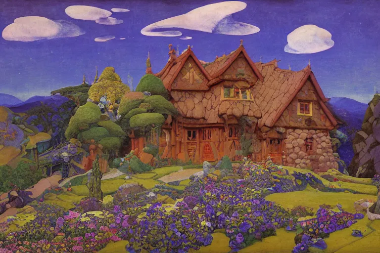 Image similar to the enchanted cottage and gardens of a wise woman on a mountaintop, dramatic cinematic lighting, folk-art carved painted wood house, rich colors, by Nicholas Roerich and William Dyce and ford madox brown and April Gornik and Caspar David Friedrich and Diego Rivera and Tyler Edlin and Ivan Bilibin