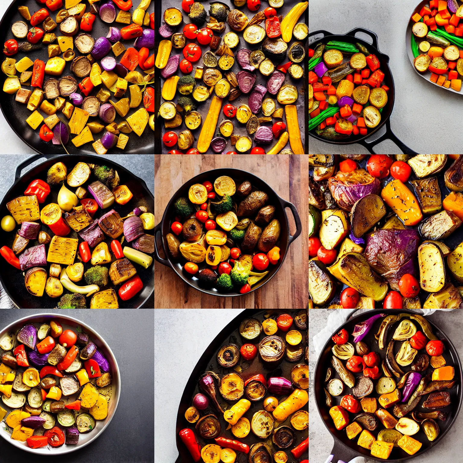 Prompt: pan of roast veggies spelling the word HEALTH, hard light, professional food photography, 80mm, top down