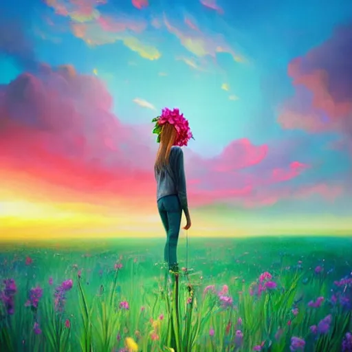 Image similar to giant gladiola flower as head, full body girl standing in a flower field, surreal photography, sunrise, dramatic light, impressionist painting, colorful clouds, digital painting, artstation, simon stalenhag