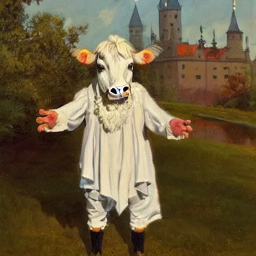 Image similar to painting by zorn, cow, dressed, anthropomorphic!!, wearing!!! clothes!!!, standing next to royal castle!!!