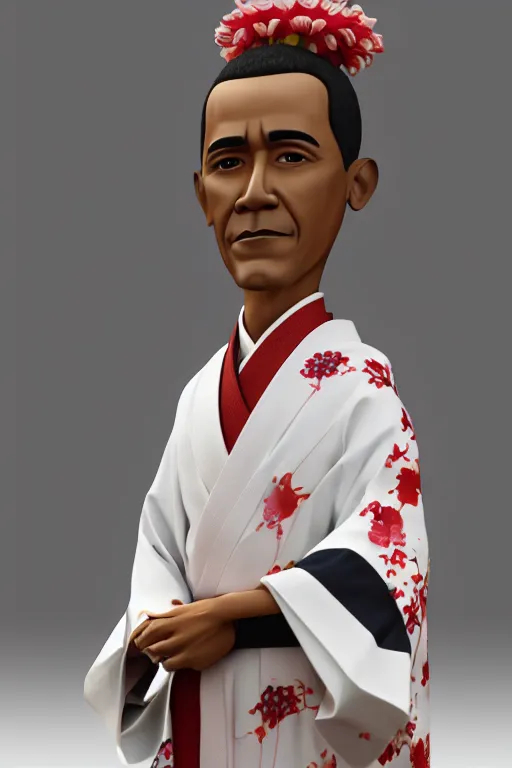 Prompt: full body 3d render of barack obama as an anime doll wearing a beautiful kimono, shinto shrine, blender, trending on artstation, 8k, highly detailed, bokeh, depth of field