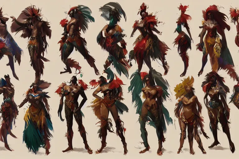 Prompt: Character design sheet of Brazil Carnival costumes, normal people with costumes, cinematic lighting, dramatic atmosphere, by Craig Mullins, 4k resolution, trending on artstation