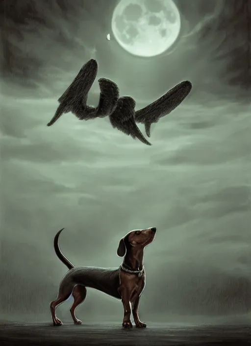 Prompt: a dachshund with angle wings, dark colors, moon in the background, sinister atmosphere, dramatic lighting, cinematic, establishing shot, extremely high detail, photo realistic, cinematic lighting, pen and ink, intricate line drawings, by Yoshitaka Amano, Ruan Jia, Kentaro Miura, Artgerm, post processed, concept art, artstation, matte painting, style by eddie mendoza, raphael lacoste, alex ross