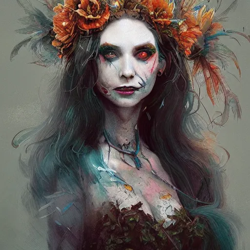 Prompt: painting of a pale witch dressed with feathers, illustration, artistic, colorful, hyper detailed, in the style of Greg Rutkowski,
