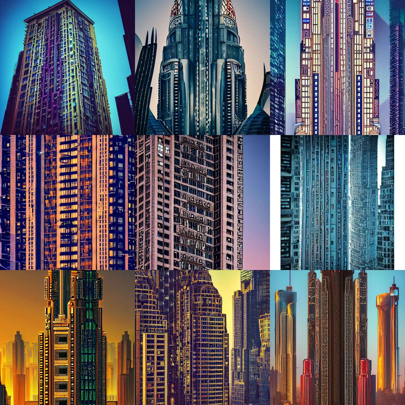 Prompt: beautiful photo of a richly ornamented cyberpunk Art Deco skyscraper at dawn