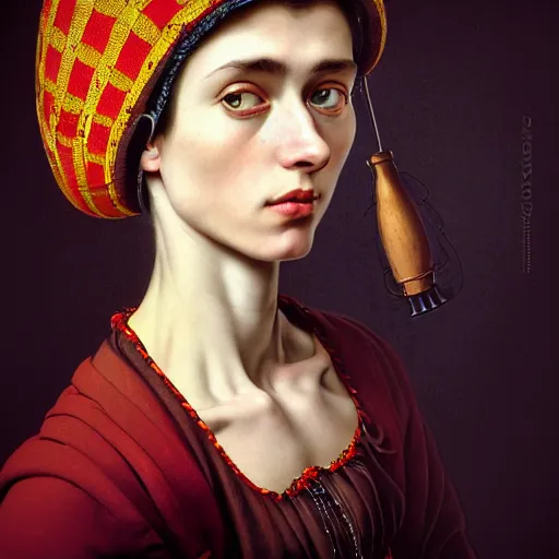 Image similar to Colour Caravaggio style Photography of Highly detailed beautiful Woman with 1000 years perfect face and wearing detailed Ukrainian folk costume designed by Taras Shevchenko also wearing highly detailed retrofuturistic headset designed by Josan Gonzalez. Many details In style of Josan Gonzalez and Mike Winkelmann and andgreg rutkowski and alphonse muchaand and Caspar David Friedrich and Stephen Hickman and James Gurney and Hiromasa Ogura. Rendered in Blender and Octane Render volumetric natural light