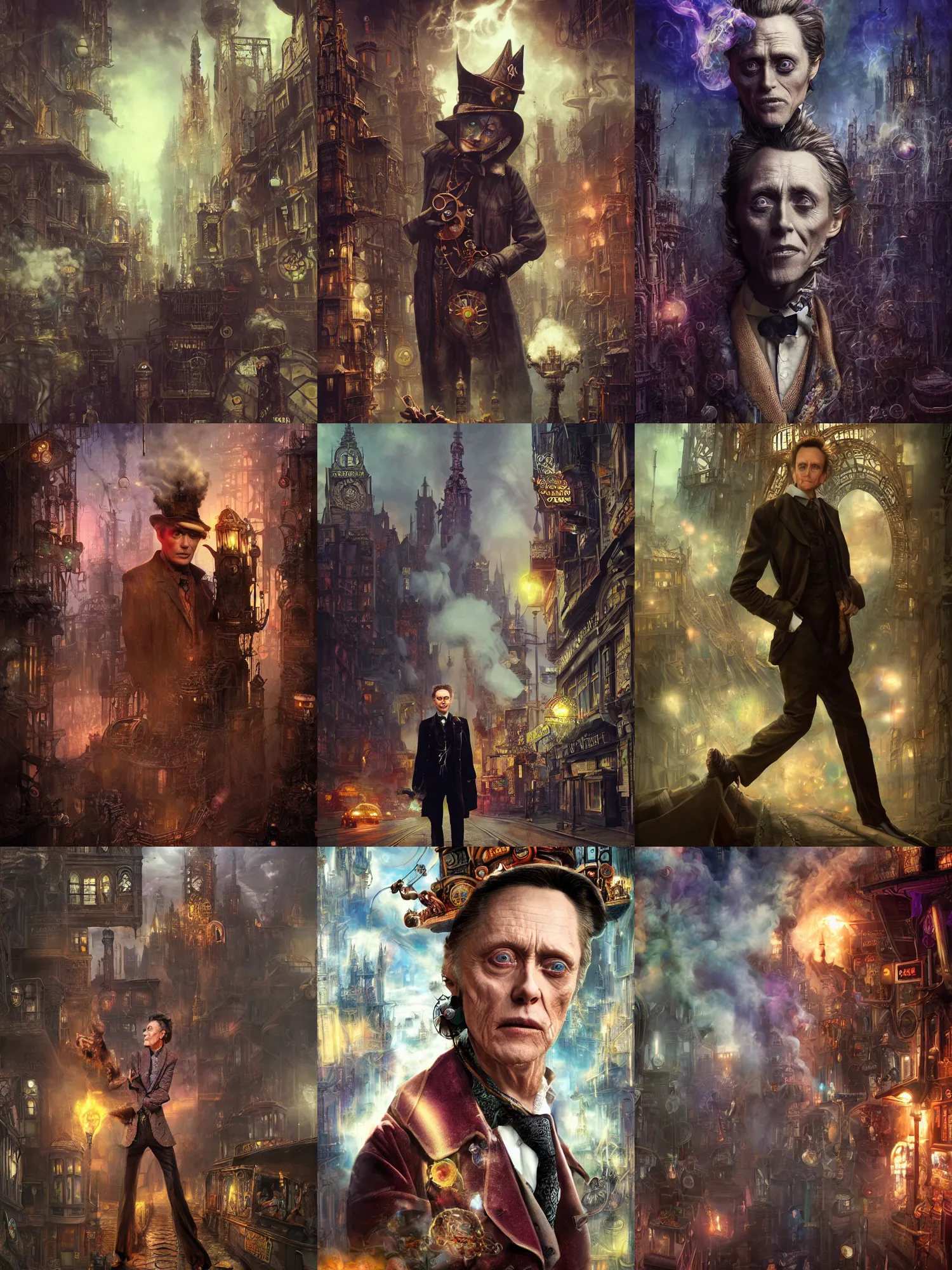 Prompt: a young mix of robert patterson, willem dafoe, christopher walken, michael emerson, evil wizard, intricate colorful cosmic smoke magic, victorian steampunk city vista, hyperrealism, octane render, extremely detailed, style of mark ryden, earl nore, hyung tae, frank frazetta